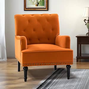 Enrica Orange Tufted Comfy Velvet Armchair with Nailhead Trim and Rubberwood Legs