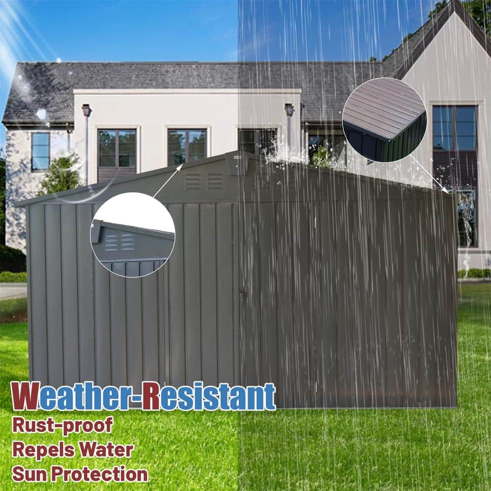 Large Gray Metal Outdoor Garden Shed with Double Doors and Windows