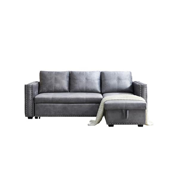 wetiny 64 in. W Square Arm Polyester Sectional Sofa with Pulled Out Bed, 2-Seats Sofa and Reversible Chaise with Storage Gray