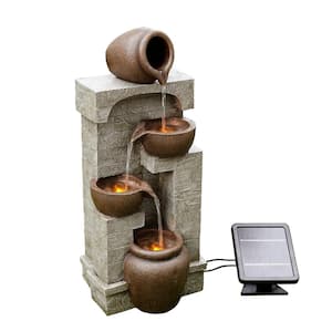28.5 in. Gray Solar Powered Stone-Look Tiered Wall Fountain with Bowls and Pots