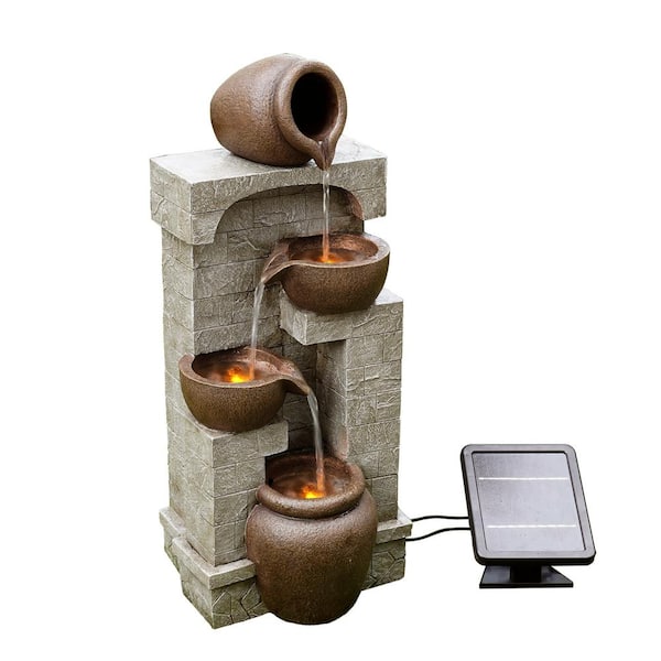 Teamson Home 28.5 in. Gray Solar Powered Stone-Look Tiered Wall Fountain with Bowls and Pots