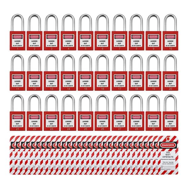 30-Pack 1-1/2 in. Wide Plastic Safety Padlock Keyed Differently with 30 Lockout TagOut Tags Red Lockout Tagout