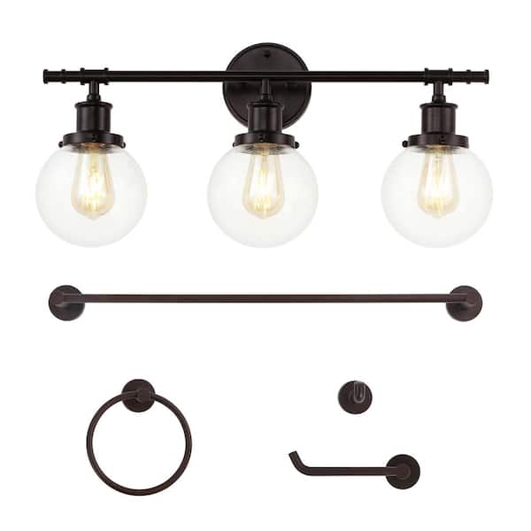 JONATHAN Y Hugo 24.5 in. 3-Light Farmhouse Classic Vanity Light with Bathroom Hardware Accessory Set, Oil Rubbed Bronze (5-Piece)
