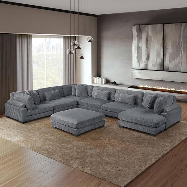 Turbo 135 in. Pillow Top Arm 7-Piece Corduroy Fabric Modular Sectional Sofa in Gray with Reversible Chaise and Ottoman