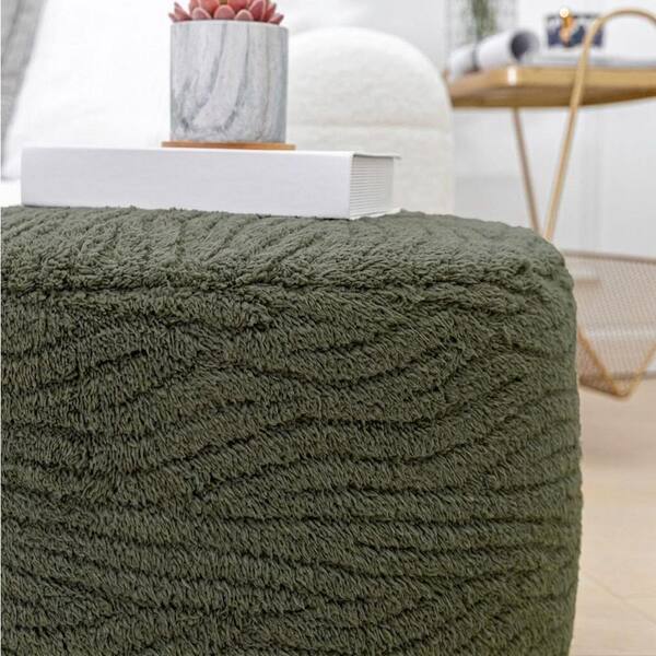 Plush Fiber Green Upholstered Round Pouf Ottoman with Supportive