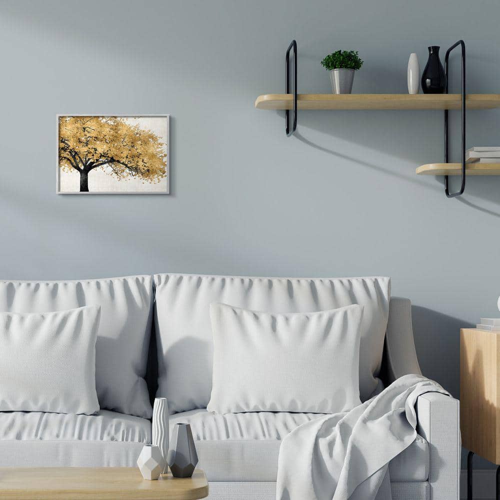 Autumn Tree with Golden Leaves on Canvas in Gray Frame