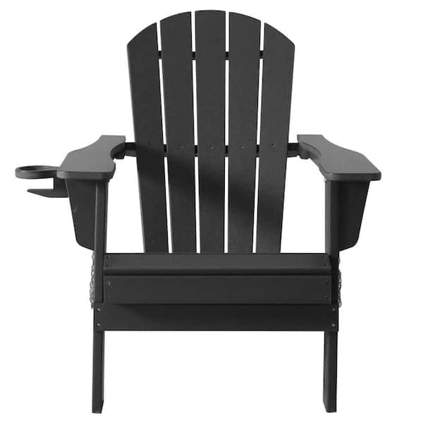 JUSKYS Black Folding Composite Outdoor Patio Adirondack Chair with Cup