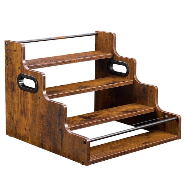 9.25 in. H x 16 in. W 4-Tier 8-Bottle Rustic Brown Wooden Bar Shelf for Liquor Bottles, Kitchen Countertop Organizer
