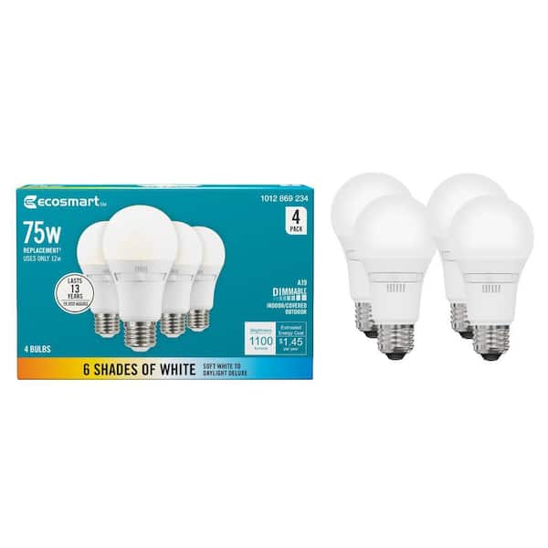 Universal Select 75-Watt Equivalent A19 Dimmable LED Light Bulb with Selectable Color Temperature (4-Pack)