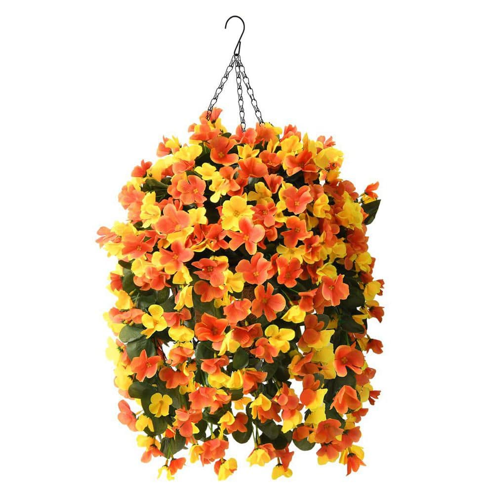 24.8 in. Orange Yellow Artificial Hanging Begonia Flowers in Basket for Hom