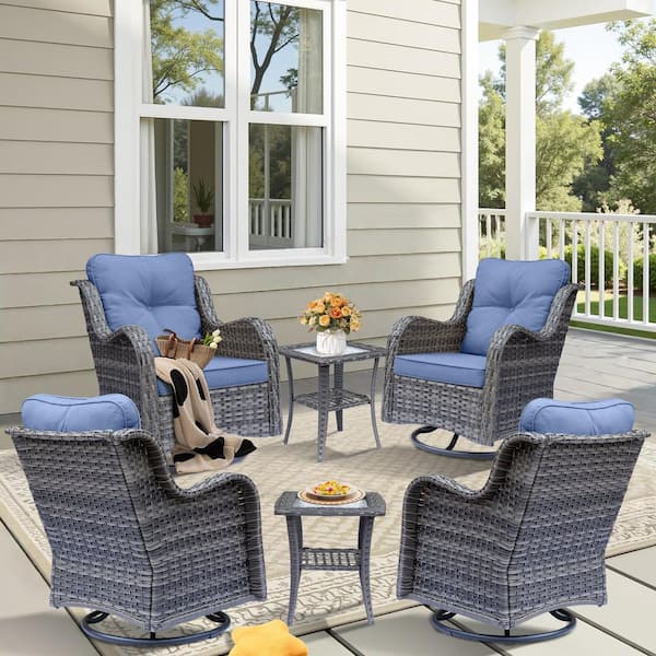 Gray 6-Piece Wicker Patio Conversation Set Swivel Rocking Chairs with Side Table and Denim Blue Cushions