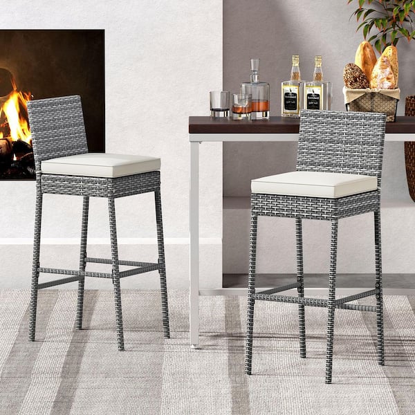 ANGELES HOME Wicker Outdoor Bar Stool with Off White Cushion and Cozy Footrest (4-Pack)