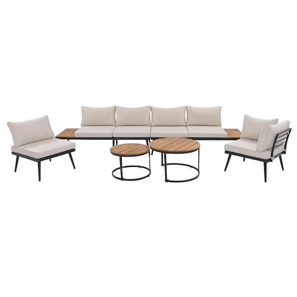 Sudzendf 6-Piece Black Metal Patio Conversation Set, Sofa Set and Round Nesting Coffee Tables with Beige Cushions