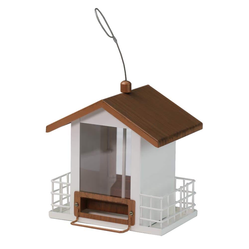 White and Brown Hanging Metal and Plastic Hopper Bird Feeder