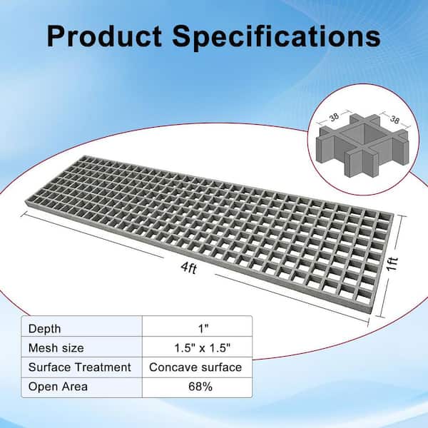 1 ft. x 4 ft. PrimeSeries Composite Fiberglass Grating Deck Tile for Drain Cover, Garage, Patio Deck, Gray