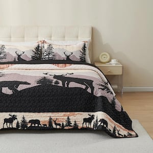 WX203 Multicolor Bear and Forest King Size Polyester Cabin Lodge Rustic Country Quilt Bedspread Set