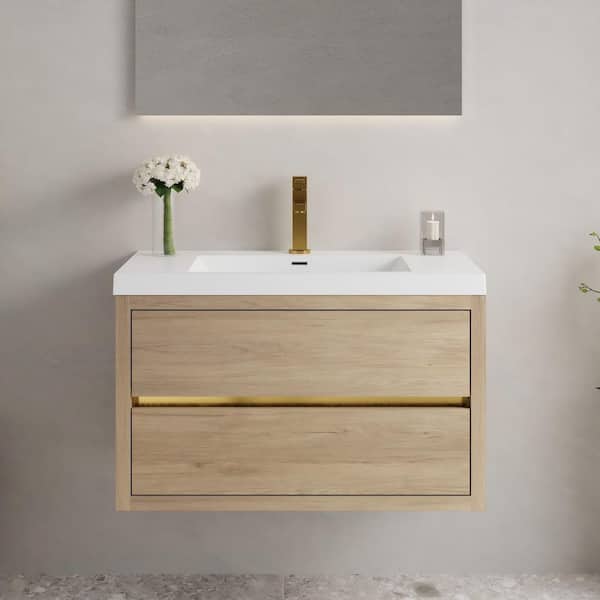 36 in. Single Sink Floating Oak Bath Vanity with White Resin Top (Assembled), Stone Resin Countertop, Water-Resistant