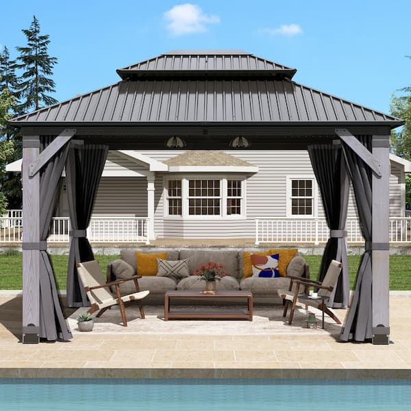 10 ft. x 12 ft. Outdoor Hardtop Gazebo with Wood Posts, Galvanized Steel Doule Roof and Netting & Curtains for Patio
