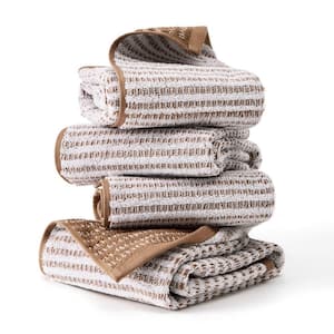Striped Reversible Terry Organic Cotton 20 in. x 30 in. Mocha Brown Hand Towel Set 4-Pack