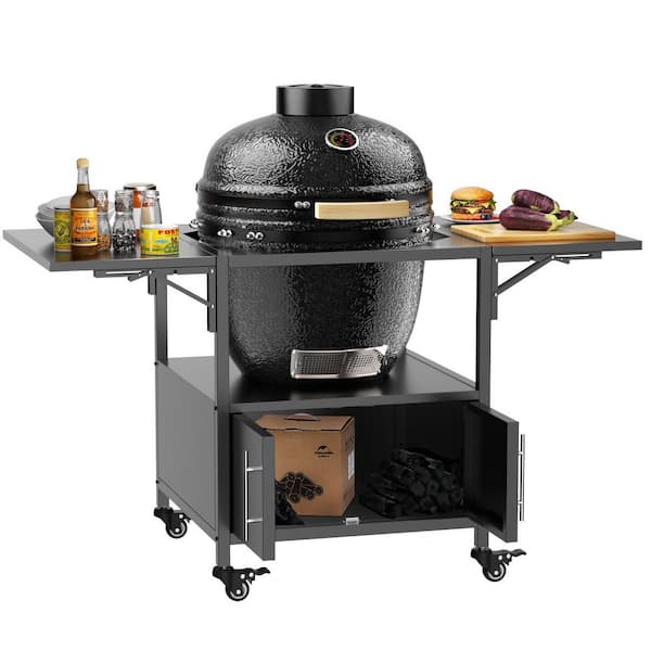 1-Piece 59.2 in. W Black Metal Outdoor Grill Table for Big Green