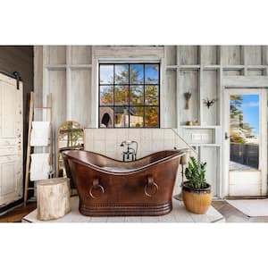 67 in. Hammered Copper Double Slipper Flatbottom Non-Whirlpool Bathtub with Rings in Oil Rubbed Bronze
