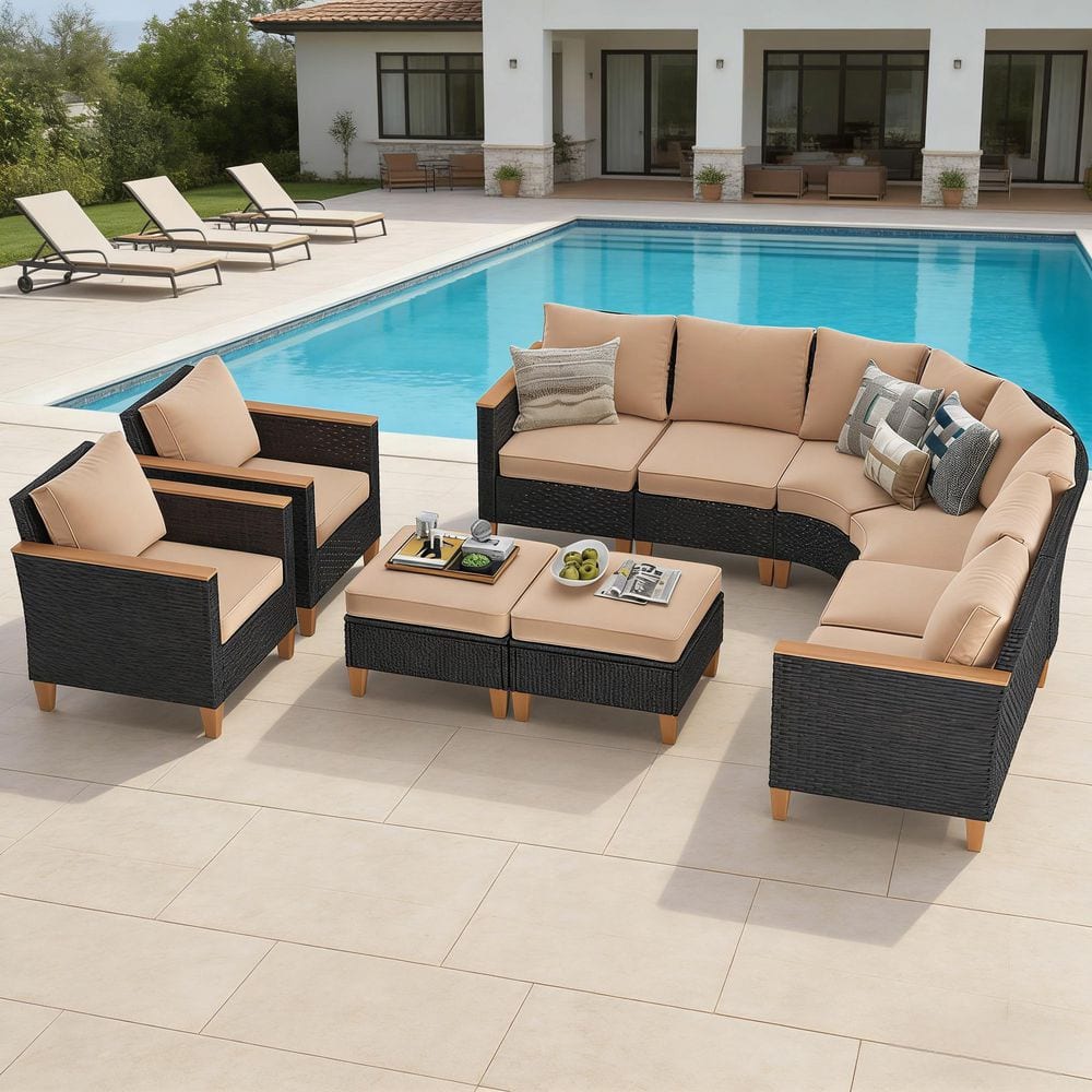 10-Piece Brown Wicker Outdoor Sectional Set with Khaki Cushions Includes Curved, Single, Corner Sofas and Ottomans price history on PriceWatchPro