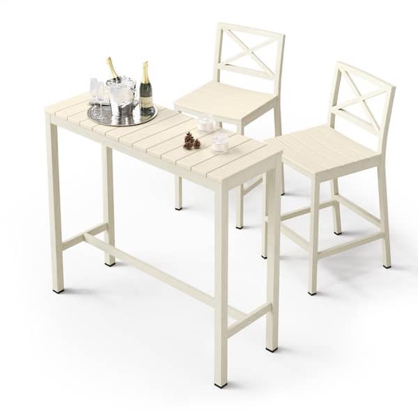 LUE BONA Humphrey 5 Piece 55 in. Cream Aluminum Outdoor Patio Dining Set Serving Bar Set HDPS Top With Armless Bar Chairs Indoor