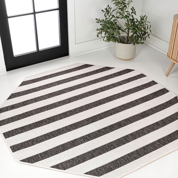 Aveiro Wide Stripe Black/Cream 5 ft. Octagon Indoor/Outdoor Area Rug
