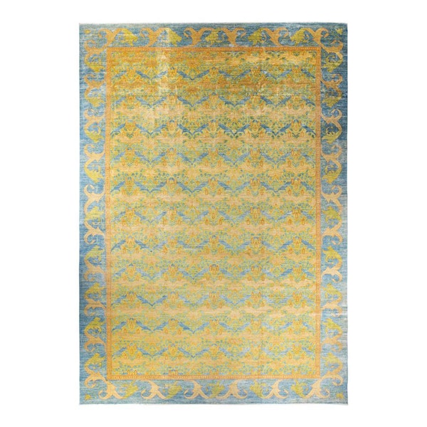 Arts and Crafts 12 ft. x 18 ft. Light Blue Floral Wool Indoor Area Rug
