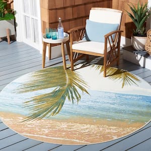 Barbados 5 ft. x 5 ft. Round Gold/Blue Seashore Palm Leaf Indoor/Outdoor Area Rug