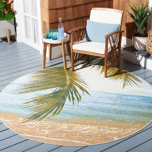 Barbados Gold/Blue 8 ft. x 8 ft. Round Seashore Palm Leaf Indoor/Outdoor Area Rug