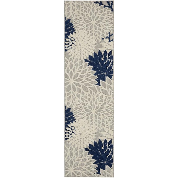 Nourison Aloha Ivory/Navy 2 ft. x 8 ft. Kitchen Runner Floral Modern Indoor/Outdoor Patio Area Rug