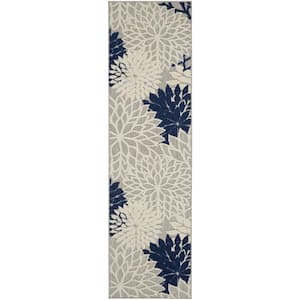 Aloha Ivory/Navy 2 ft. x 8 ft. Kitchen Runner Floral Modern Indoor/Outdoor Patio Area Rug