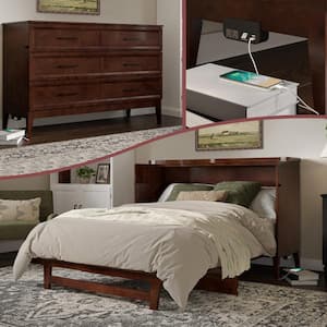 Sienna Walnut Brown Solid Wood Frame Queen Murphy Bed Chest with Built-in Charger