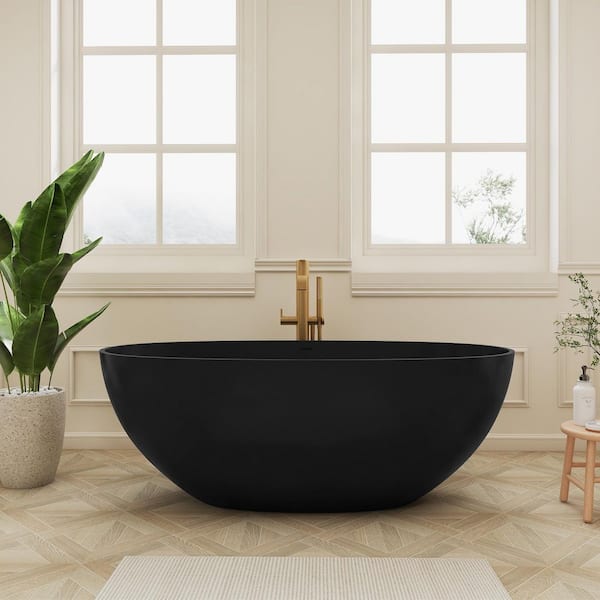 Ula 61 in. x 29 in. Freestanding Soaking Bathtub Solid Surface Stone Resin Tub with Center Drain in Black
