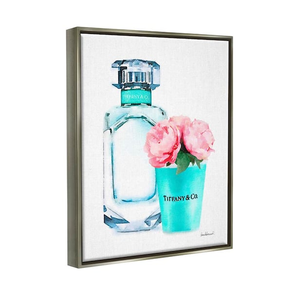 Teal Blue Perfume Bottle and Pink Peonies Canvas Wall Art by Amanda Greenwood Rosdorf Park Size: 21 H x 17 W x 1.7 D, Frame Color: Gray Framed