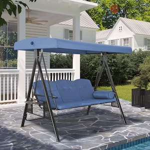 3-Person Dark Brown Steel Patio Swing with Navy Blue Removable Cushions and Adjustable Canopy