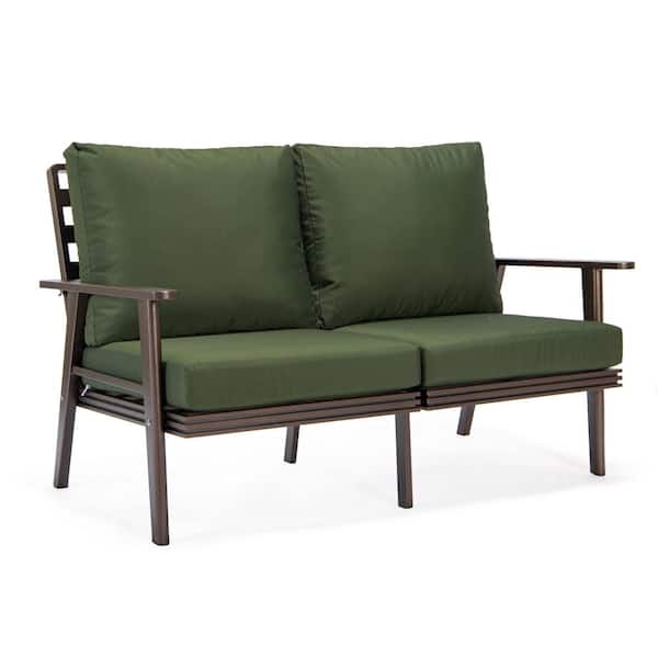 Leisuremod Walbrooke Brown 1-Piece Metal Outdoor Loveseat with Green Cushions