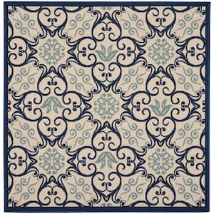 Caribbean Ivory/Navy 5 ft. x 5 ft. Square All-over design Transitional Indoor/Outdoor Patio Area Rug