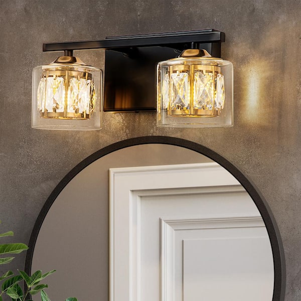 GoYeel 13.39 in. 2-Lights Matte Black Modern/Contemporary Gold Crystal Vanity Light with Clear Glass Shade