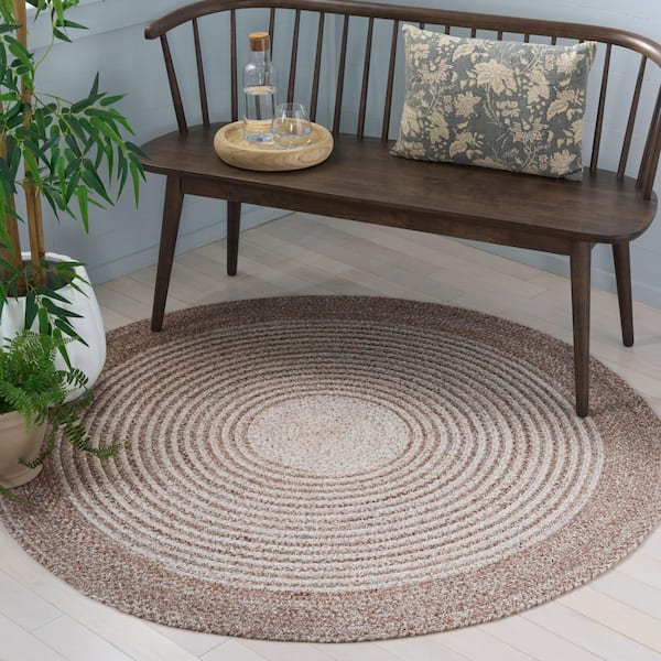 Braided 5 ft. x 5 ft. Taupe Border Striped Gradient Round Area Rug