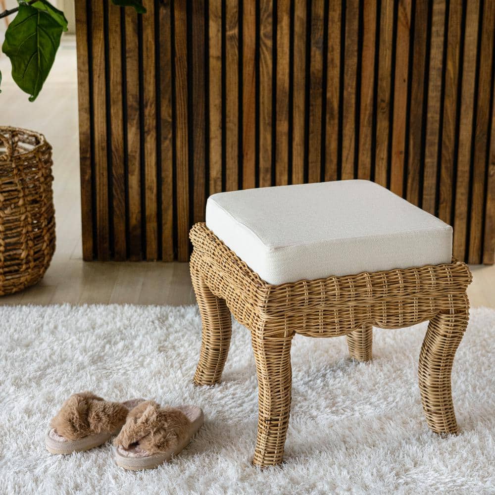 Natural Woven Rattan Vanity Stool with White Cushion