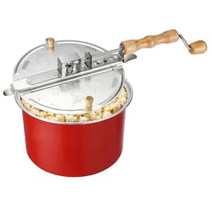 6.5-Quart Red Popcorn Machine Stovetop Popcorn Popper with Wooden Crank Handle and Internal Kernel Stirrer