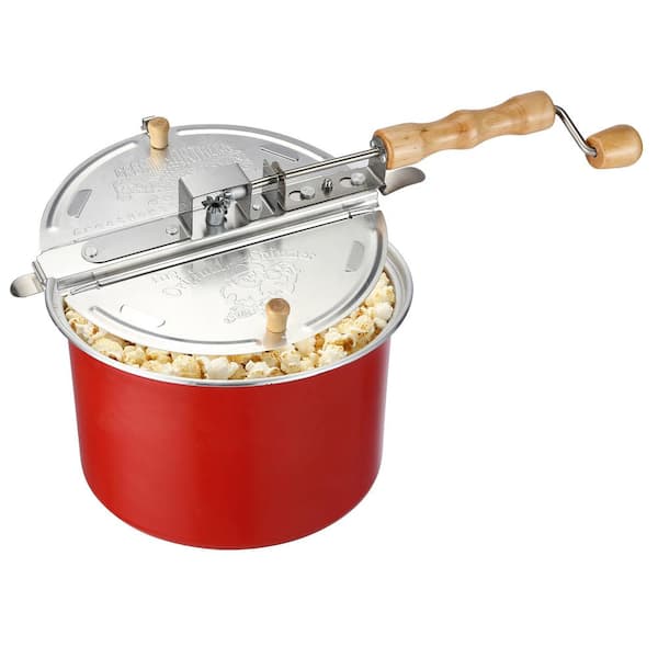 GREAT NORTHERN 6.5-Quart Red Popcorn Machine Stovetop Popcorn Popper with Wooden Crank Handle and Internal Kernel Stirrer