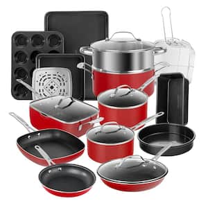 20-Piece Aluminum Ultra-Durable Non-Stick Diamond Infused Cookware and Bakeware Set in Red