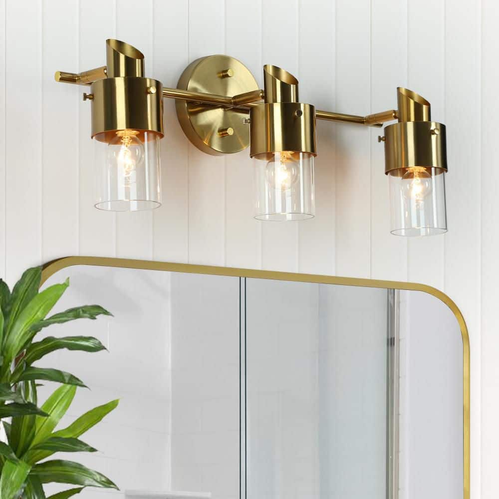19.5 in. Adjustable 3-Light Brass Gold Bathroom Vanity Light Modern Bath Lighting with Cylinder Clear Glass Shades price history on PriceWatchPro