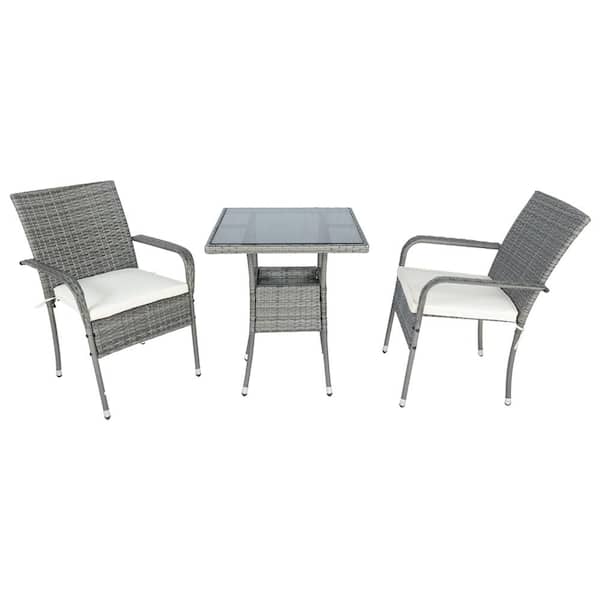 3 Pcs Patio Outdoor Wicker Conversation Set with White Cushions
