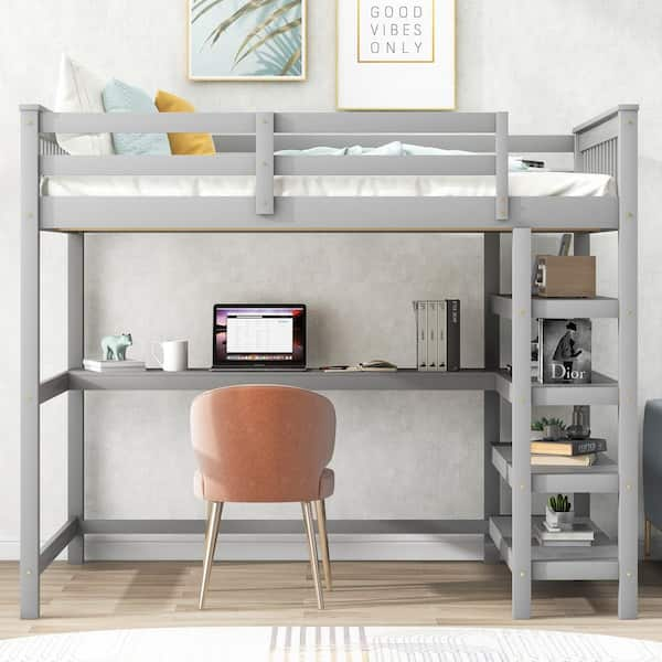 Full Size Loft Bed Solid Wood Bed Frame with Ladder, Shelves & Desk - Gray