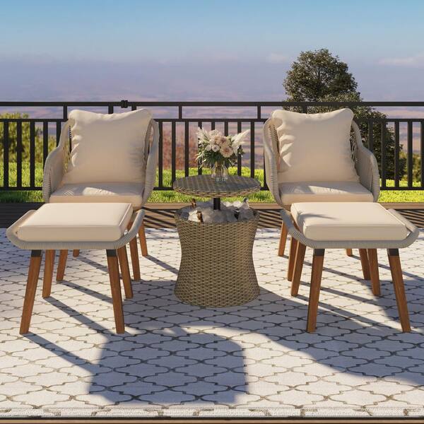 Zeus & Ruta 5-Piece Wicker Patio Conversation Set with Cool Bar Table, Ottomans and Brown Cushions for Porch, Balcony, Poolside