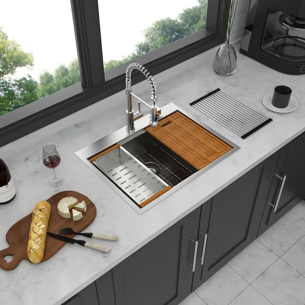 Unbranded 28 in. Drop-In Single Bowl 16 Gauge Brushed Nickel Stainless Steel Kitchen Sink with Bottom Grids